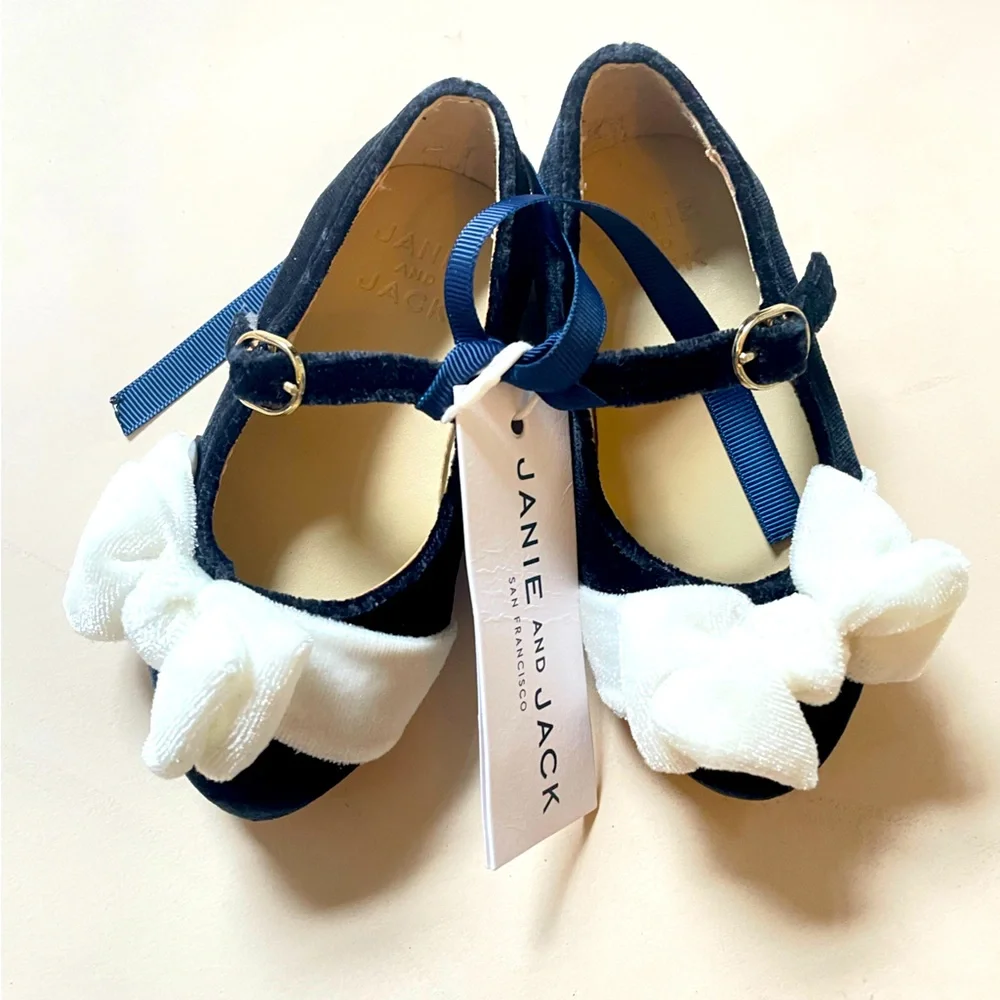 Janie and Jack Kids' Black White Bow Velvet Ballet Toddler Shoes 5T NWT Holiday